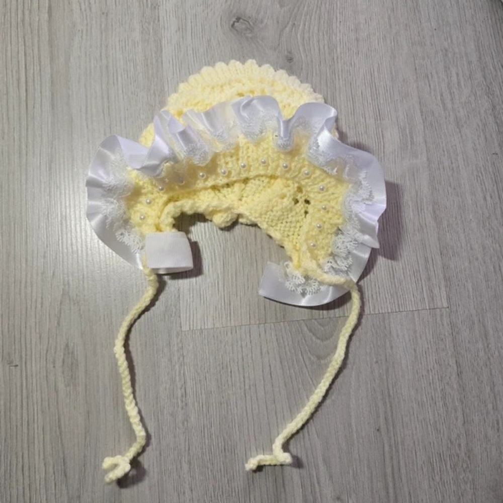 Charming Yellow Baby Bonnet with White Trim